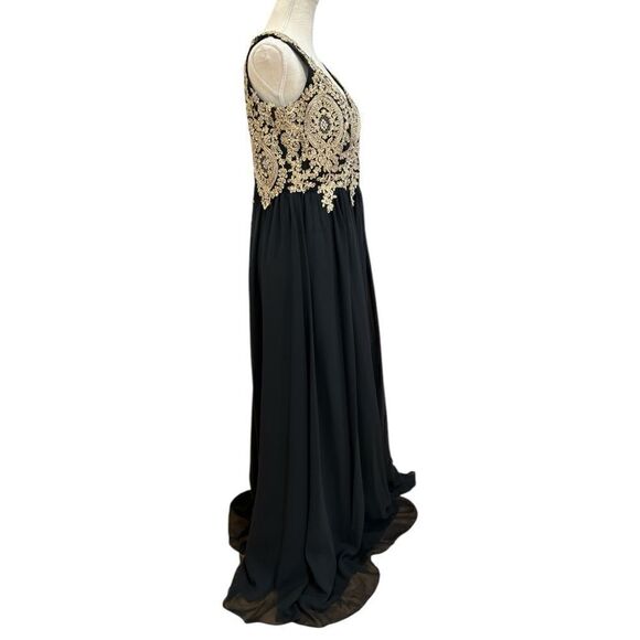 NOX Anabel Beaded V-Neck Lace Bodies Long Gown in Black/Gold Size XL 8343SC - Picture 3 of 9